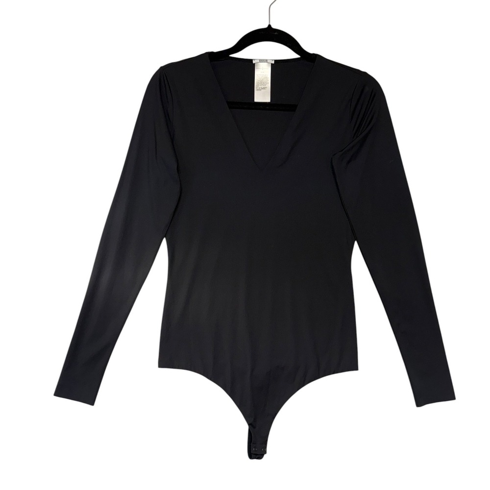 Wolford Black Long Sleeve V-Neck Bodysuit Size S Stretch Snap Closure Base